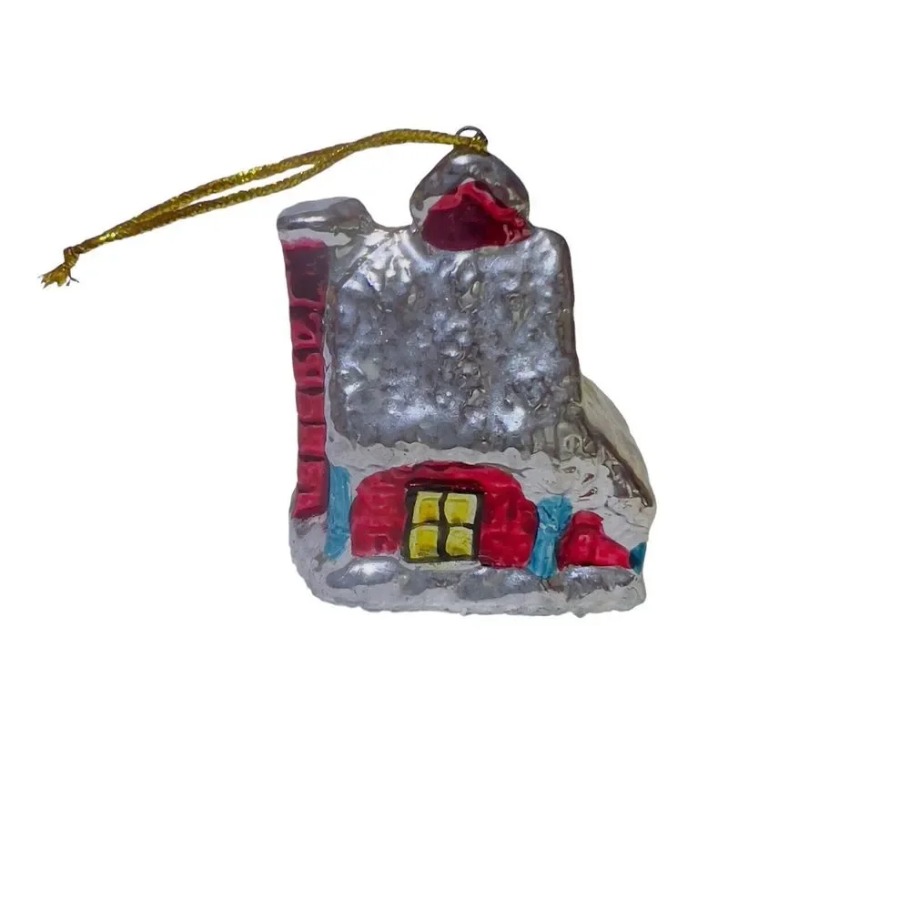 VTG Ceramic Christmas Tree Village House Metallic‎ Glaze Side Chimney Ornament